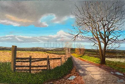 Original Oil Painting of Countryside Lane with Tree and Fence