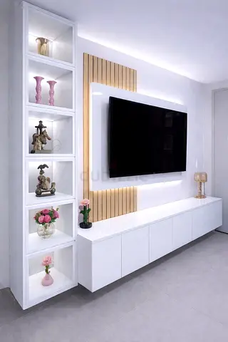 Brand New white wall-mounted entertainment unit with display shelves