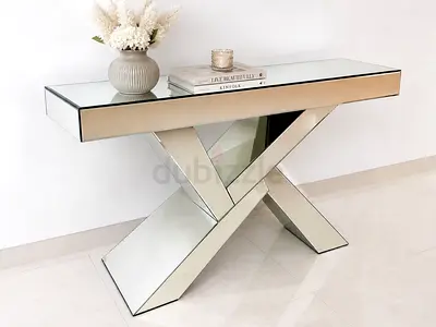 Designer Mirrored X-Base Console Table — Glass Top, Modern