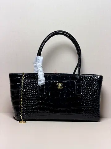 Chanel Black Croc-Embossed Structured Shoulder Bag with Chain Detail