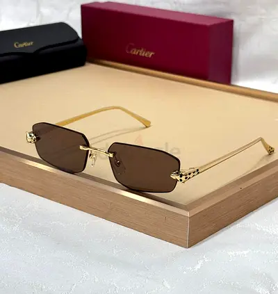 Cartier Rimless Gold-Frame Sunglasses with Brown Lenses (With Case)