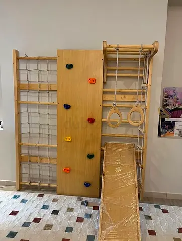 Wooden Indoor Kids Climbing Wall with Slide, Rope Ladder and Gym Rings