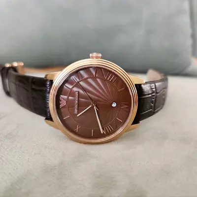 Emporio Armani Mens Brown Dial Leather Strap Watch (Rose Gold Case)