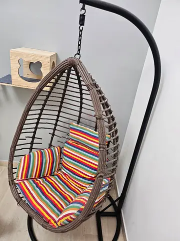XL Brown Rattan Hanging Egg Chair with Stand and Colourful Cushions