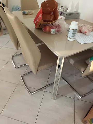 Glass Top Dining Table with 6 Beige Cantilever Chairs