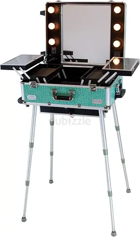 Makeup Train Stand Case With Pro Studio Artist Trolley And Lights, Silver - Medium