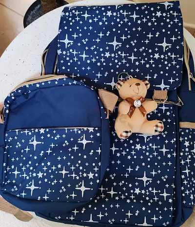 Navy Star-pattern Baby Diaper Backpack with Matching Mini Bag and Teddy Keychain