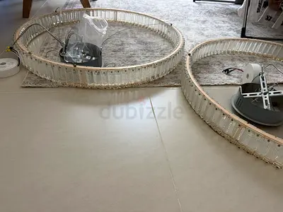 Pair of Large Crystal Ring Ceiling Lamps - 3 Color setting.