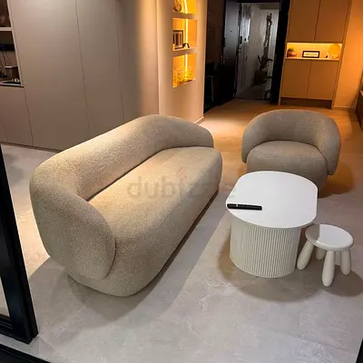 Curved Modern Bouclé Sofa and Matching Armchair - Beige