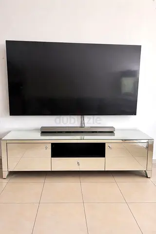 Mirrored TV Stand / Entertainment Unit - 3 Drawers, Glass Top