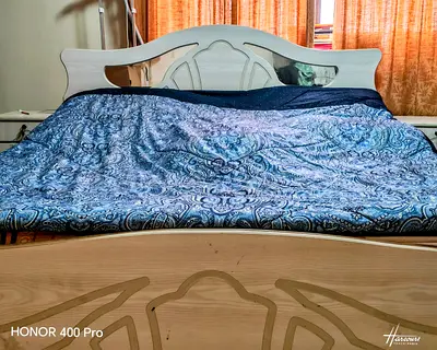 White Wooden Double Bed with Headboard and Matching Nightstand and Dressing Table