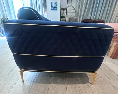 Blue Velvet Three-Seater Sofa with Gold Legs