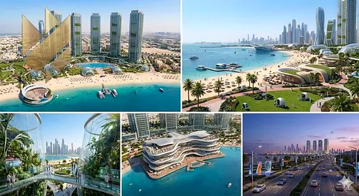 2BHK sea view apartments in Al Mamzar Sharjah 4 bathrooms first line corniche 5 towers starting AED 1300000 payment plan 30 70 handover 2029