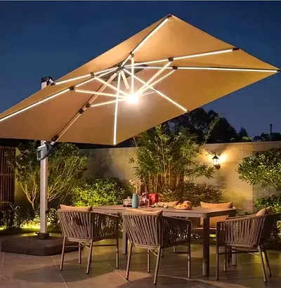 Solar Led Bar Patio Umbrella Cantilever Canopy Heavy Duty Sunshade Waterproof Canopy