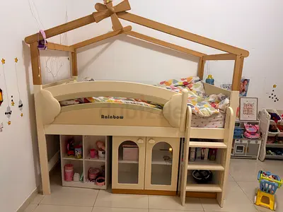 Wooden Loft Bed with Built-in Storage and Playhouse Design (Rainbow)