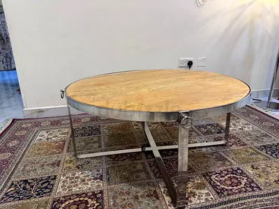 Round Wooden Top Coffee Table with Stainless Steel Base