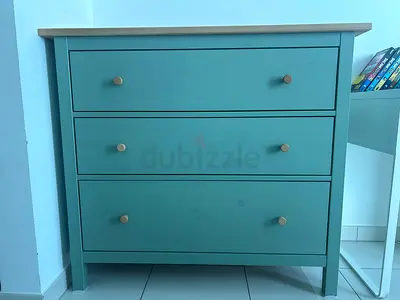 IKEA HEMNES three-drawer chest dresser - green with natural top, excellent condition