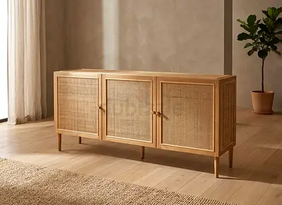 Solid Wood Rattan Sideboard / Console Cabinet - 3 Doors