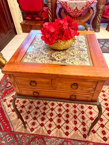 Solid Wood marina Side Table with Inlaid Tile Top and Drawers