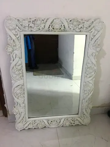 Large Ornate White Wall Mirror with Carved Frame + rug