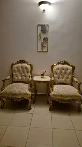 Pair Royal Gold Antique-Style Armchairs with Side Table