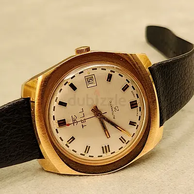 Vintage Tell Automatic 25 Mens Wristwatch - Gold Tone, Leather Strap