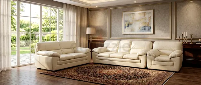 Cream leather 3-seater sofa with matching 2-seater and armchair - set
