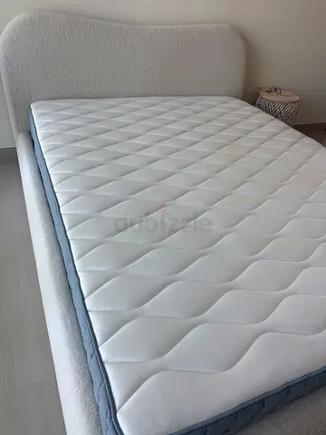 Queen upholstered bed frame with mattress - good condition
