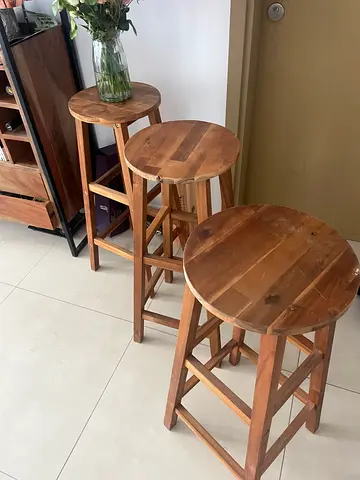 Set of 3 Solid Wood Round Bar Stools