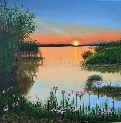 Original Landscape Painting - Sunset Over Reeds
