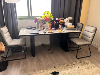 Modern Marble-Top Dining Table with 6 Padded Chairs - Good Condition
