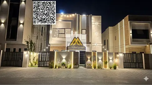 A brand-new villa for rent in Al Helio – Ajman, featuring a modern design and high-quality finishing. It includes 4 master bedrooms with built-in ward