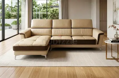 Beige Leather L-Shaped Sofa with Chaise - Modern 3-Seater
