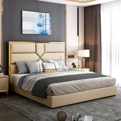 Modern Upholstered Double Bed with Padded Headboard - Beige
