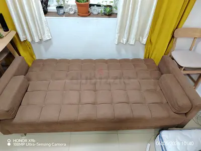 Brown tufted convertible sofa bed - good condition along wit