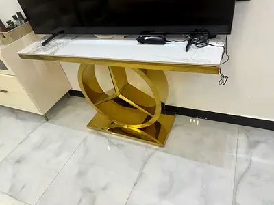 Gold Marble-Top Console Table with Geometric Base