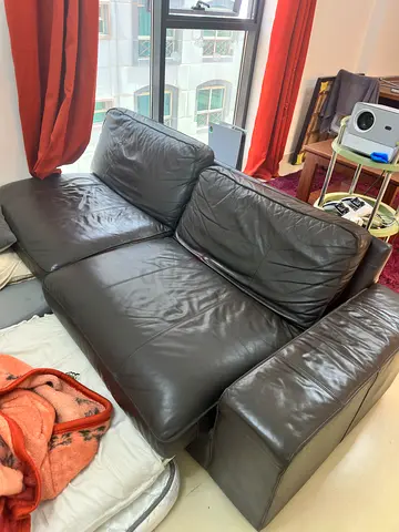 Brown leather L-shaped sofa, good used condition