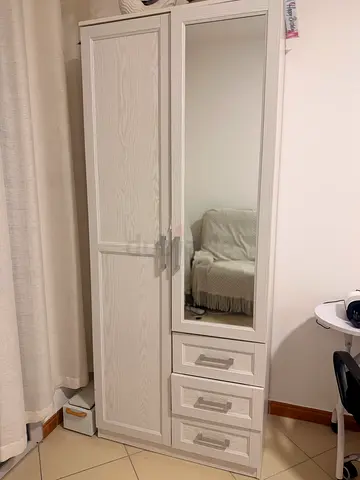 White Wooden Wardrobe with Mirror and Drawers - Good Condition