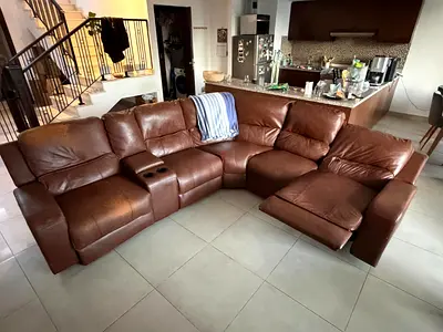 Brown Leather L-Shaped Recliner Sofa with Console — Good Condition