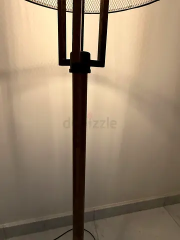 Wooden Tall Floor Lamp with Metal Cage Shade - Good Condition