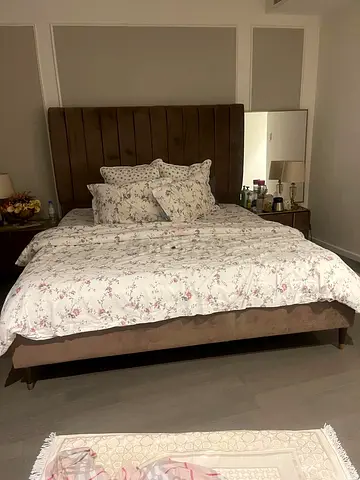 King Size Fabric Bed with Comfortable Mattress – Brown Colour