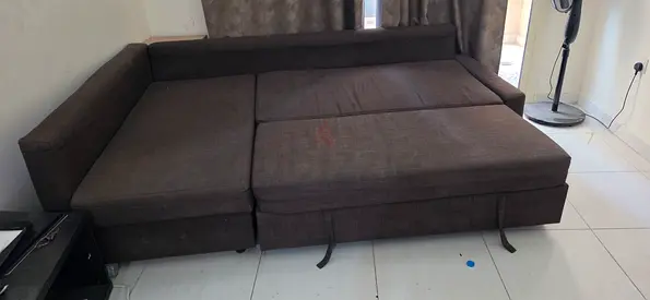 Dark Brown L-Shaped Sofa Bed - Converts to Double Bed, Good Used Condition