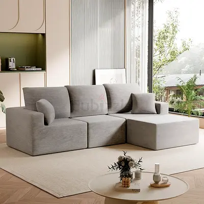 Light gray ribbed fabric sectional L shaped couch