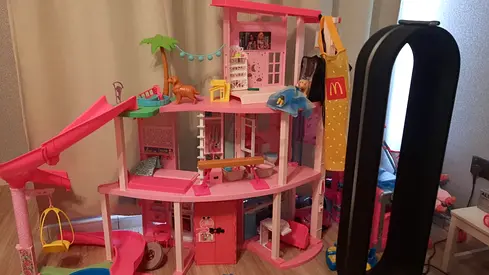 Large Pink Dollhouse Playset - 3-Level with Slide and Furniture