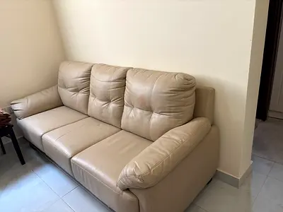 Beige 3-Seater Leather Sofa - Good Condition