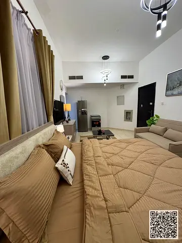 Furnished studio apartment for rent in Ajman, Al Rawda 2, Sheikh Ammar Street. Clean and tidy furnishings. Includes all bills and internet.