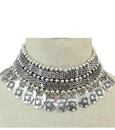 Brand new Silver-tone Ethnic Statement choker Necklace with Coin Charms