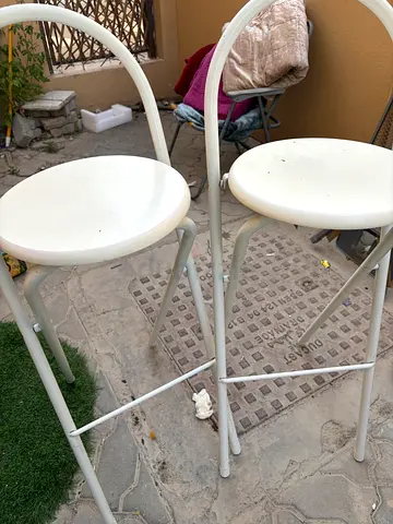 Set of 2 white metal bar stools (folding) - good used condition