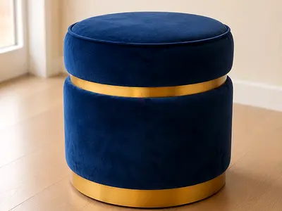 3 Blue Velvet Round Ottoman Stools with Gold Accent
