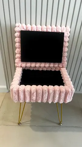 Pink Plush Vanity/Storage Stool with Mirror and Gold Legs